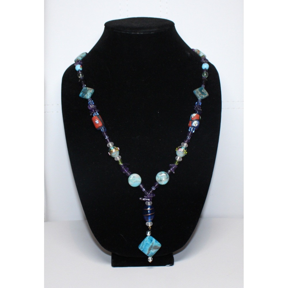 handcrafted beaded necklace 26" blue purple glass‎ stone amethyst agate